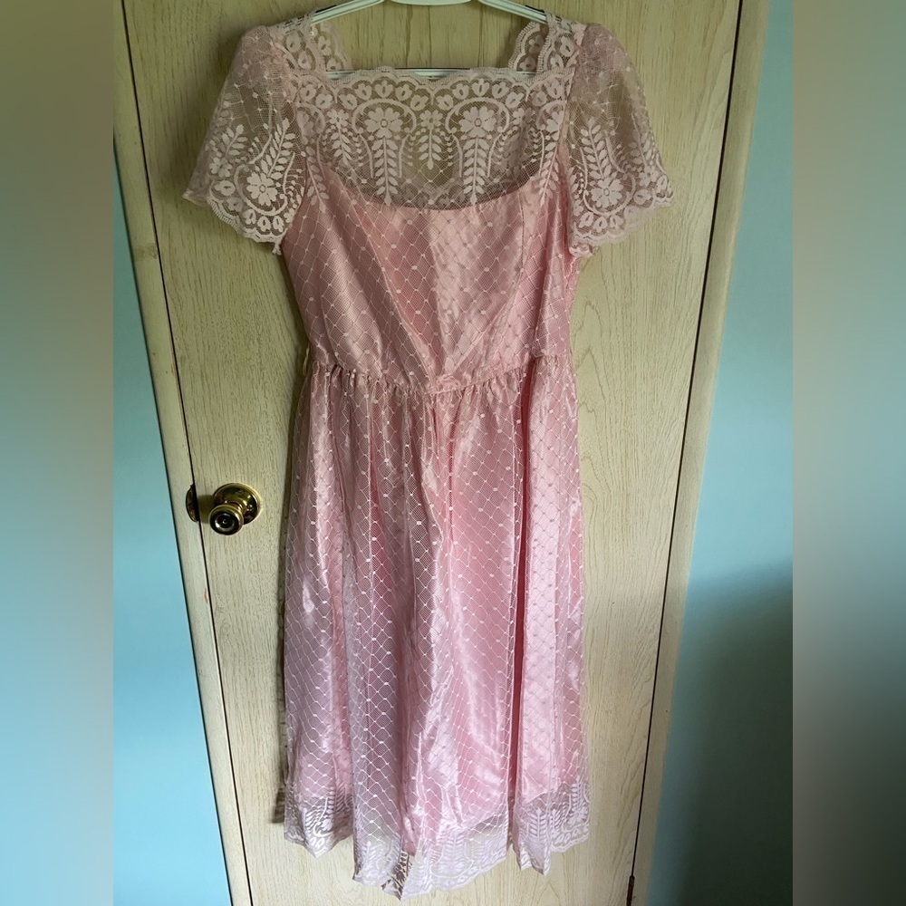 70s Pink Lace Midi Prom Dress Size Large (13/14) Vintage JC Penney Made In USA